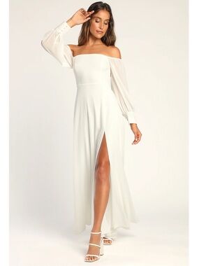 NWT Lulu’s Feel the Romance White Off-the-Shoulder Maxi Wedding Dress Size XS